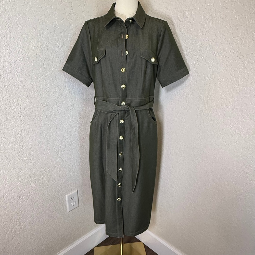Olive Green Utility Dress Nanette Lepore Size 8 Midi Belted Safari Office